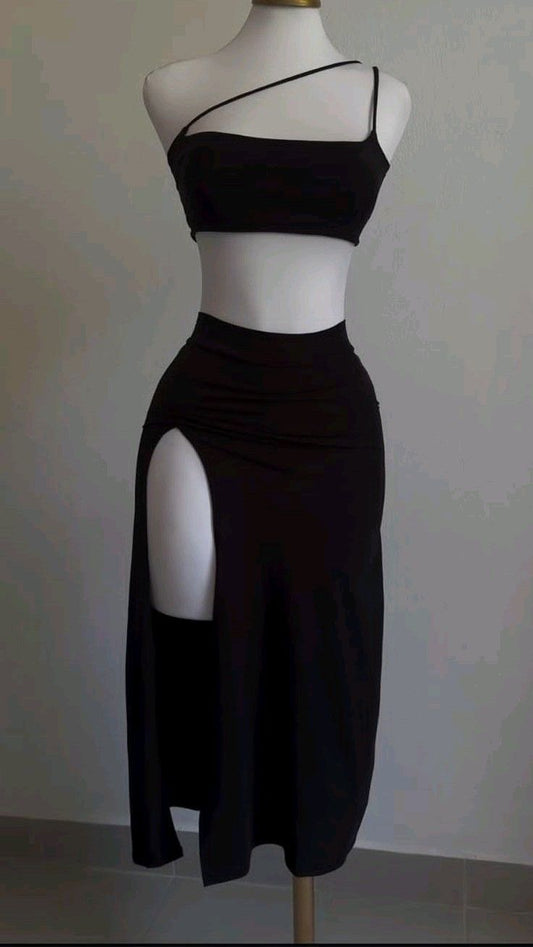 Sexy Sheath Two Piece Black Slit Prom Dress      S6245