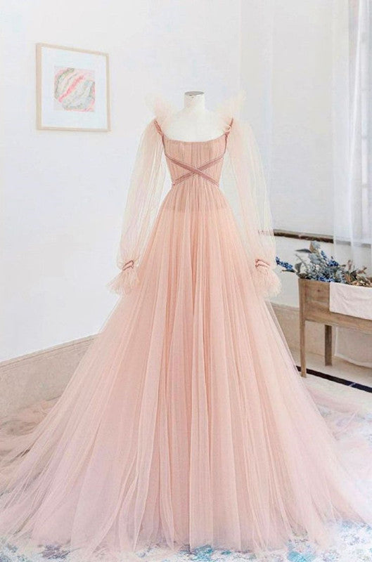 A Line Tulle Long Sleeve Pink Evening Dress Long Prom Dress       S6334