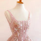 Pink Square Neck A Line Floral Prom Dress     S6506