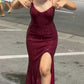 Burgundy Spaghetti Straps Sequin Prom Dresses Long Evening Party Gowns      S6305