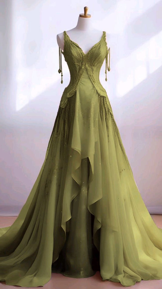 A line Green Tulle Evening Gown Long Prom Dresses           S6473