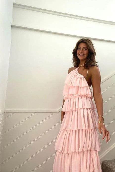 Pink Halter Layer Elegant Long Party Dress    S6479