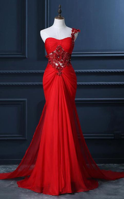 Trumpet Mermaid One Shoulder Chiffon Appliques Lace Beading Red Long Prom Dress       S6333