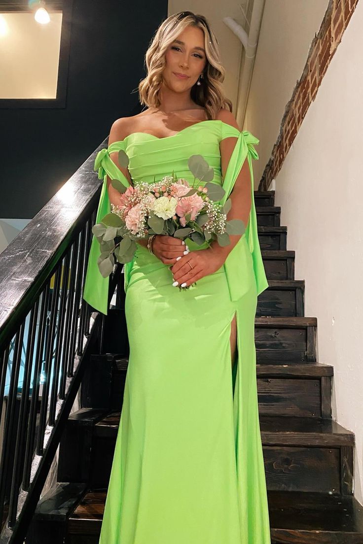 Off the Shoulder Lemon Green Ruched Mermaid Long Formal Dress      S6517