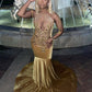 Gold Velvet Sleeveless Mermaid Long Court Train Prom Dresses Mermaid Party Dress        S6412