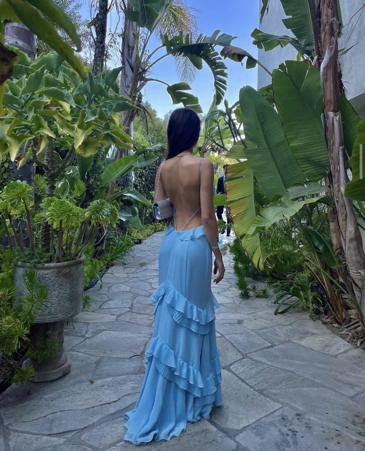 Backless V Neck Blue Long Prom Dress,Blue Formal Gown      S6316