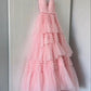 Gorgeous V Neck Layered Pink Tulle Long Prom Dresses with High Slit, Long Pink Tulle Formal Evening Dresses          S6484