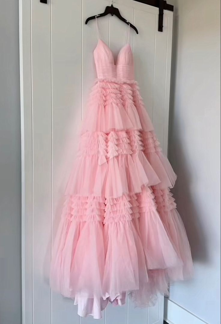 Gorgeous V Neck Layered Pink Tulle Long Prom Dresses with High Slit, Long Pink Tulle Formal Evening Dresses          S6484