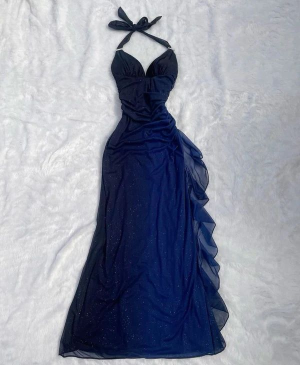 Halter Ombre Navy Blue Long Chiffon Prom Dress        S6477