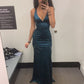 Long Formal Dress Women Teal Satin Sleeveless Evening Dress       S6523