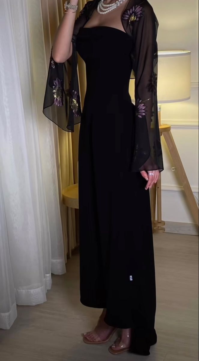 Saudi Arabia Evening Dresses for Women Black Prom Dresses Long Sleeve Chiffon Jackets Wedding Guest Dress     S6308