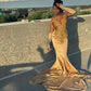 Gold Mermaid Long Court Train Prom Dresses Mermaid Party Dress        S6413