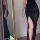 Sexy Straps Floor Length Black Slit Prom Dresses       S6401