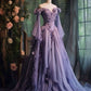 Purple Prom Dress Off Shoulder Long Sleeve 3D Floral Applique Evening Gowns      S6382