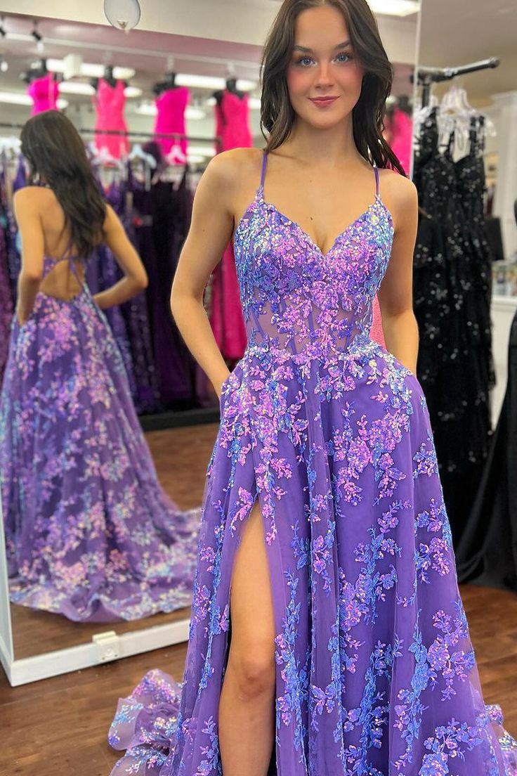 Cute A Line V Neck Purple Sequins Lace Tulle Prom Dress       S6448