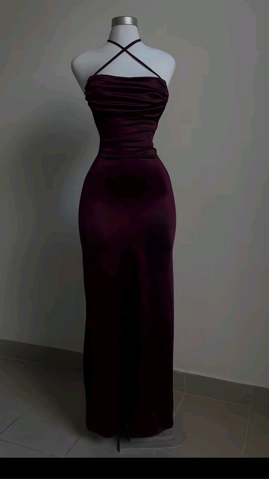 Burgundy Straps Open Back Sheath Satin Long Party Dress         S6241