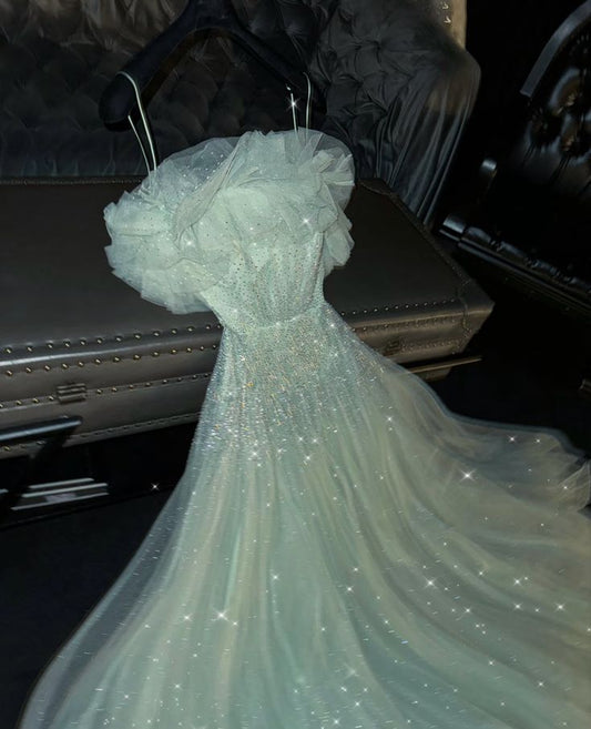 A Line Green Tulle Sequin Floor Length Prom Dress Evening Party Dress       S6449