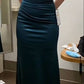 Long Formal Dress Women Teal Satin Sleeveless Evening Dress       S6523