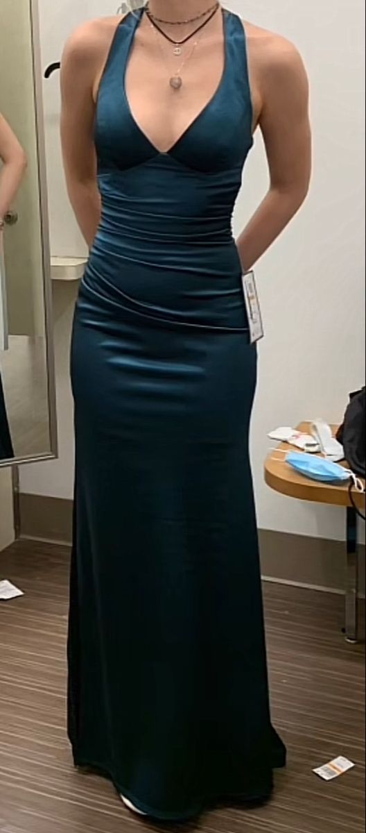 Long Formal Dress Women Teal Satin Sleeveless Evening Dress       S6523