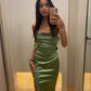 Simple Mermaid Straps Sage Green Slit Long Prom Dress   S6184