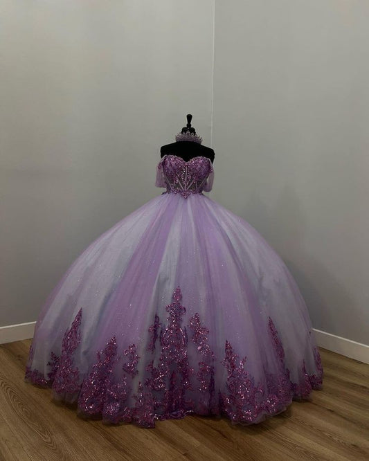 Off Shoulder Beading Appliques Ball Gown Sweet 15 Quinceanera Dress      S6461