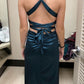 Long Formal Dress Women Teal Satin Sleeveless Evening Dress       S6523
