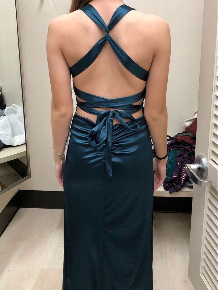 Long Formal Dress Women Teal Satin Sleeveless Evening Dress       S6523