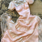 Vintage A Line Square Neckline Short Sleeves Pink Tulle Prom Dresses Long Lace Evening Dress     S6280