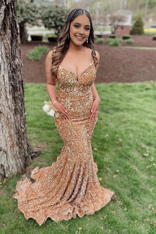 Champagne Spaghetti Straps Sequins Mermaid Prom Dress       S6196