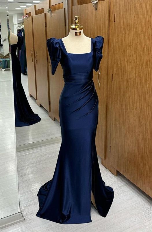 Blue Long Mermaid Prom Dress with Bubble Sleeves and Square Neckline Slit      S5963