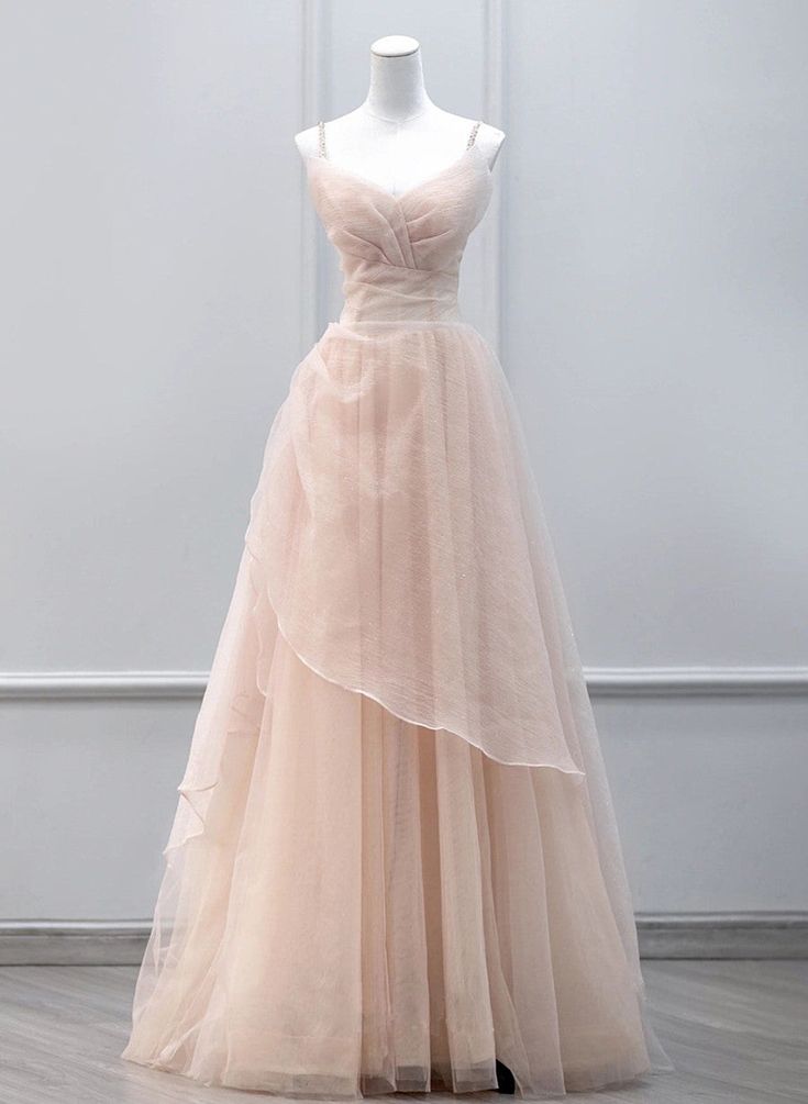 Tulle Beaded Straps Long Prom Dress, A-line Tulle Party Dress    S6353