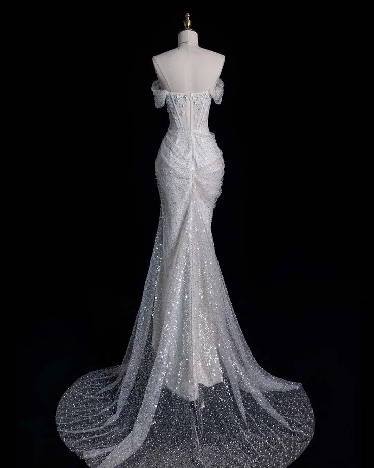 Elegant Mermaid Off The Shoulder Sequin Long White Wedding Dresses     S6566