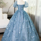 Blue Short Sleeves Long Party Dress With Butterfly Lace, Blue Prom Dress      S6261