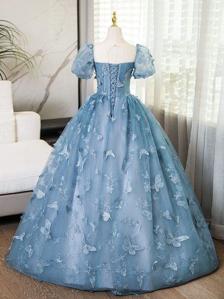 Blue Short Sleeves Long Party Dress With Butterfly Lace, Blue Prom Dress      S6261