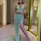Long One Shoulder Evening Dresses for Women Beaded Sequin Dress Light Green Sexy Cocktail Dress         S6222