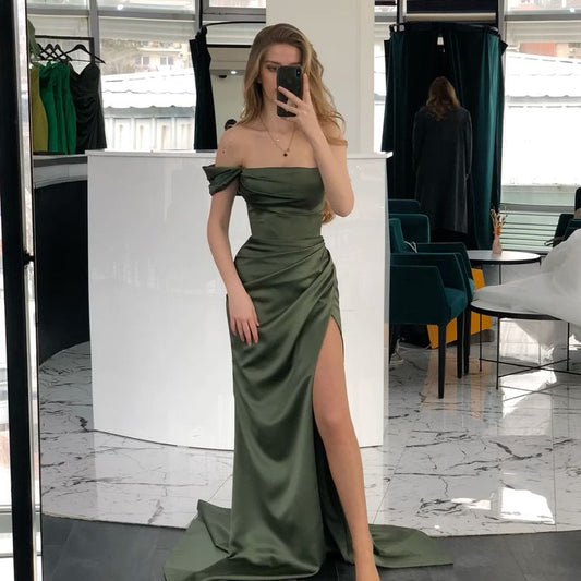 Off The Shoulder Green Sheath Long Prom Dresses With Slit     S6185