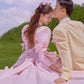 Elegant pink satin puff sleeve dress with ribbons pink Evening Dresses          S6488
