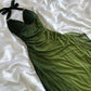 Green V Neck Halter Shiny Vintage Long Prom Dress        S6131