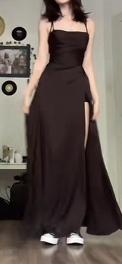 Elegant A Line Straps Floor Length Dark Brown Slit Prom Dresses       S6400