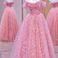 A Line Long Pink Prom Dresses A-Line Off Shoulder Evening Party Gowns      S6301