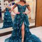 Gorgeous Sparkly Sweetheart Peacock Blue Ruffle Long Prom Dress with Appliques         S6463