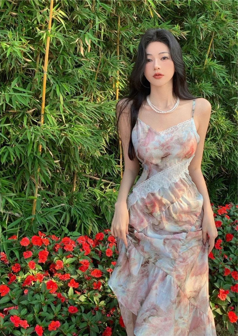 Floral suspender dress for women summer party dress    S5791