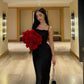 Fancy Sheath Spaghetti Straps Black Satin Long Prom Dresses       S6111