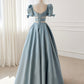 Blue Satin Beaded Long Prom Dress, Blue Short Sleeve Evening Dress    S6357