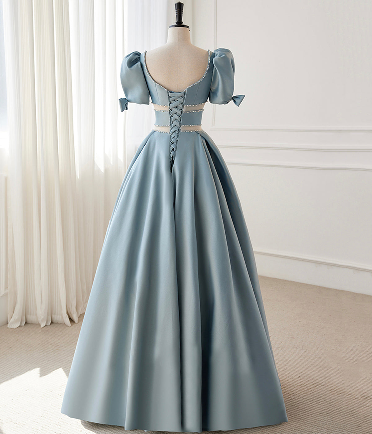 Blue Satin Beaded Long Prom Dress, Blue Short Sleeve Evening Dress    S6357