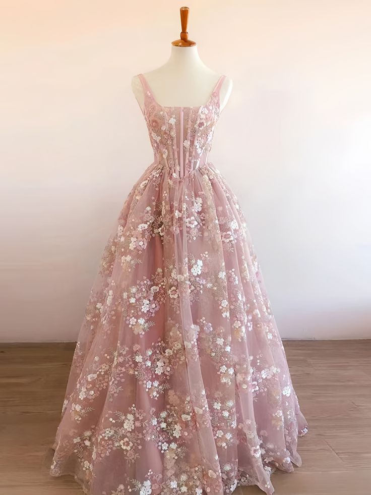 Pink Square Neck A Line Floral Prom Dress     S6506