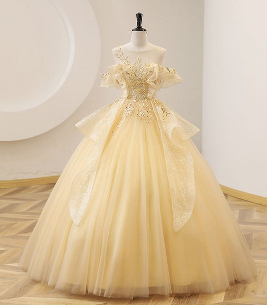 Yellow Ball Gown Beaded Sweet 16 Dress, Yellow Long Prom Dress Formal Dress     S6356