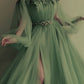 Charming Green Long Sleeves Evening Dress Tulle Prom Dress      S5713
