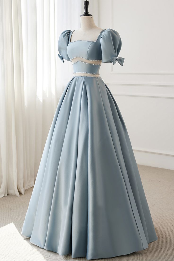 Blue Satin Beaded Long Prom Dress, Blue Short Sleeve Evening Dress    S6357