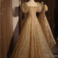A line Short Sleeves Champagne Sequin Long Prom Dress       S6504